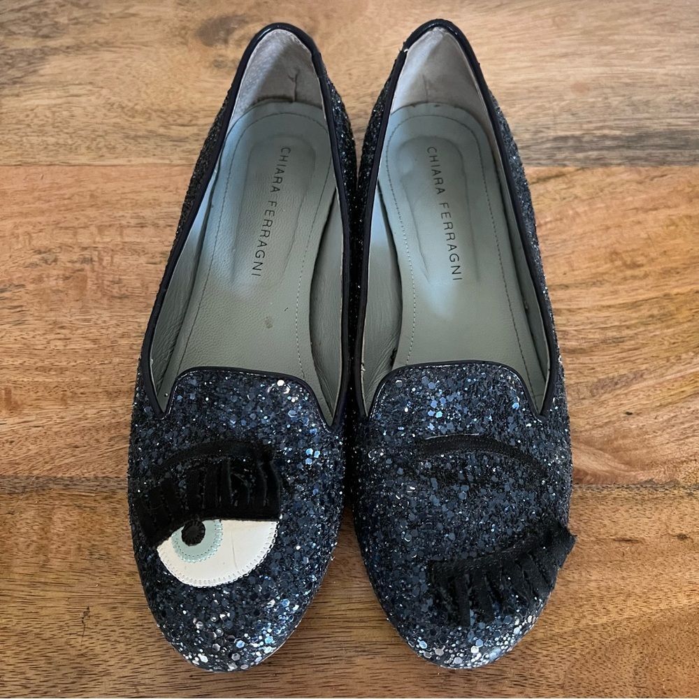 Chiara Ferragni Black Glitter Eyelash Slip-On Flats